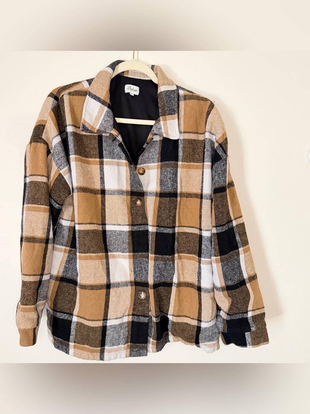 LG Pulse Women's Plaid Shacket Jacket - Tan, Black & White